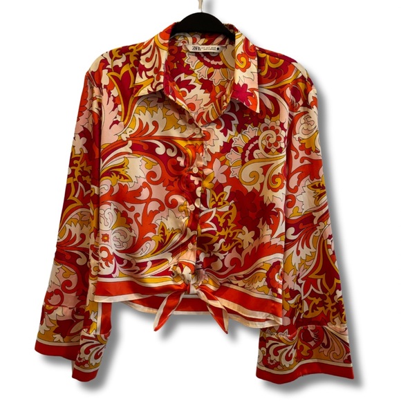 ZARA 70’s Retro Vibrant Crop Blouse Bell Sleeve Collared Button Down Tie Front - Picture 6 of 13